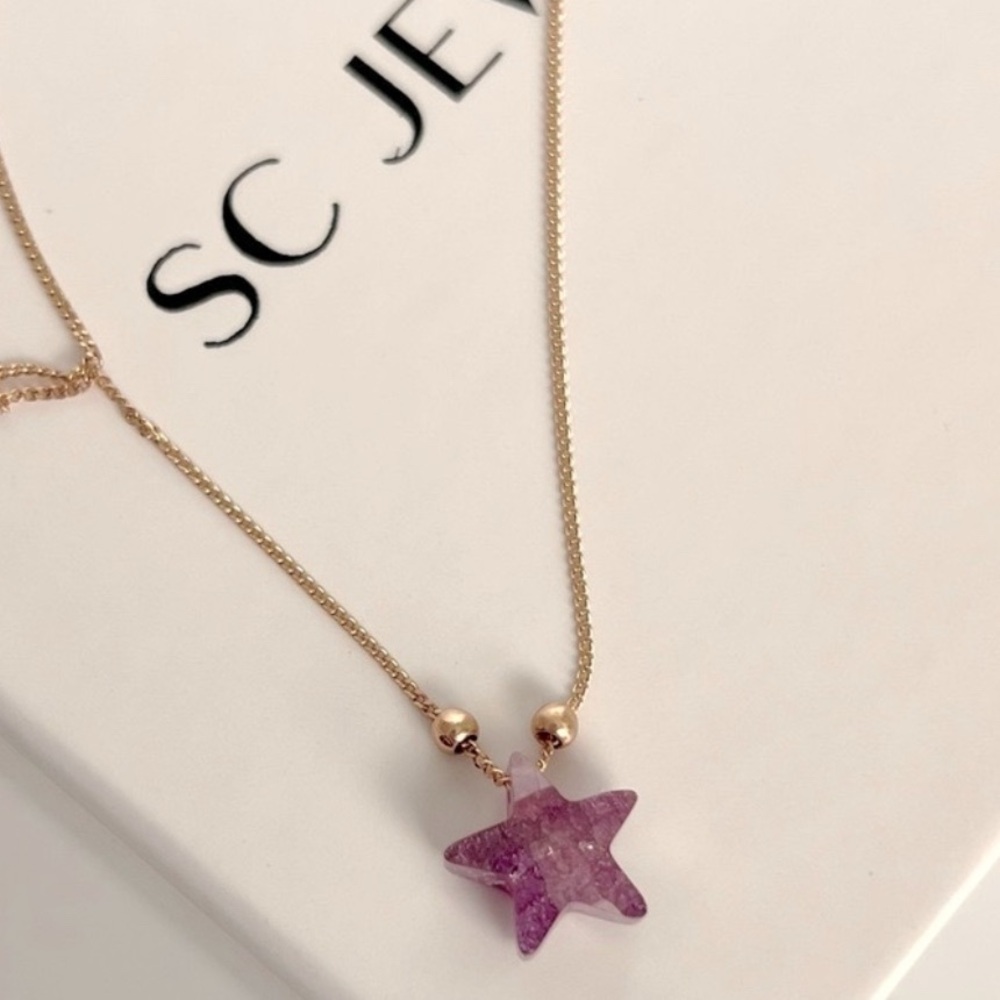 Star Necklace 18k Gold Plated Real Opal Stone Purple